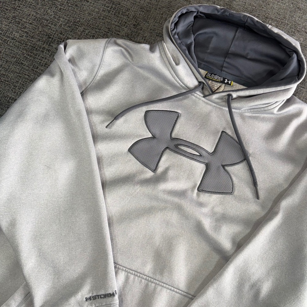 Under Armour Hoodie 2XL Gray Storm ColdGear Big Logo‎ Pullover Sweatshirt